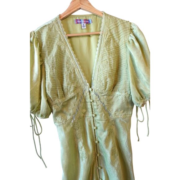 Y2K Dress Small Green Embroidered Satin Slip Lace Indie Fairy Grunge Romantic UO - Picture 3 of 9